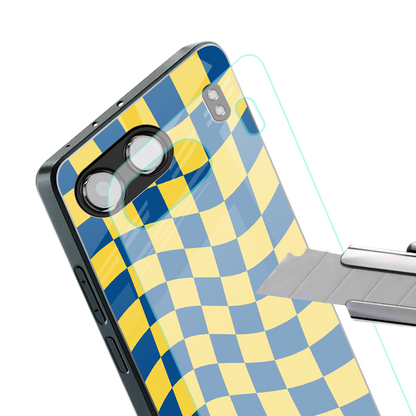 yellow blue trippy check pattern back phone cover | glass case for oneplus nord 4