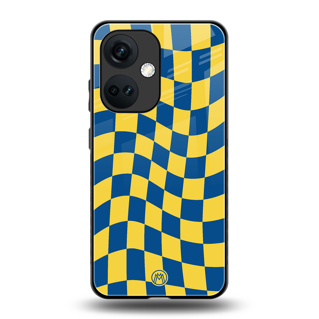 yellow blue trippy check pattern back phone cover | glass case for oneplus nord ce 3