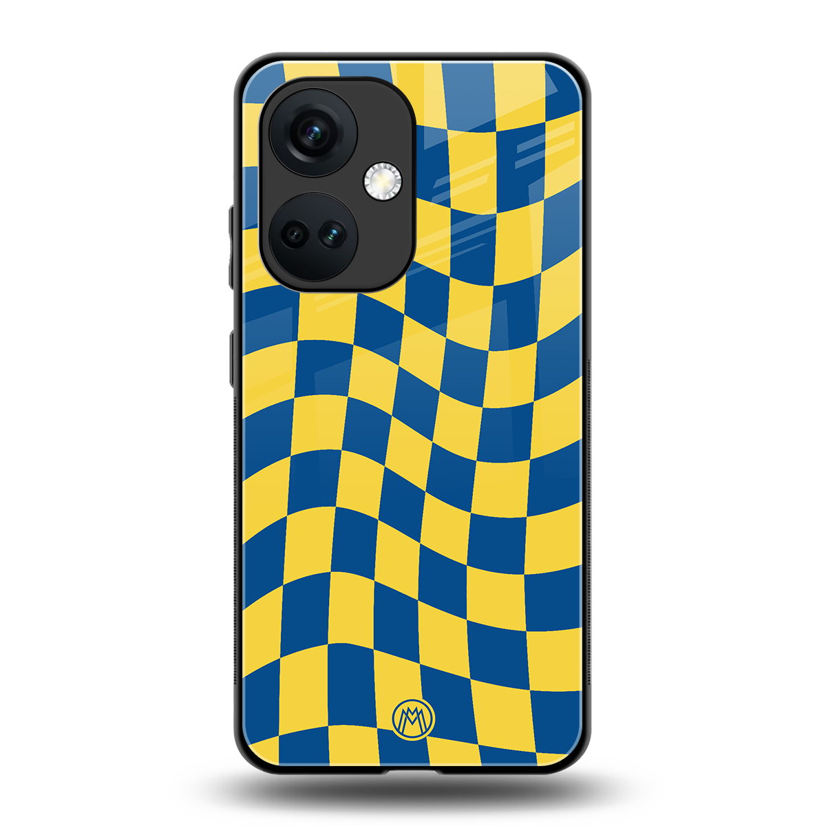 yellow blue trippy check pattern back phone cover | glass case for oneplus nord ce 3