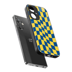 yellow blue trippy check pattern back phone cover | glass case for oneplus nord ce 3