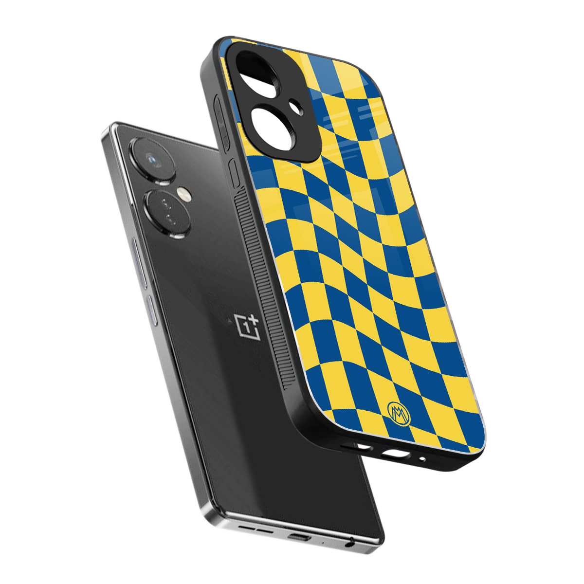 yellow blue trippy check pattern back phone cover | glass case for oneplus nord ce 3
