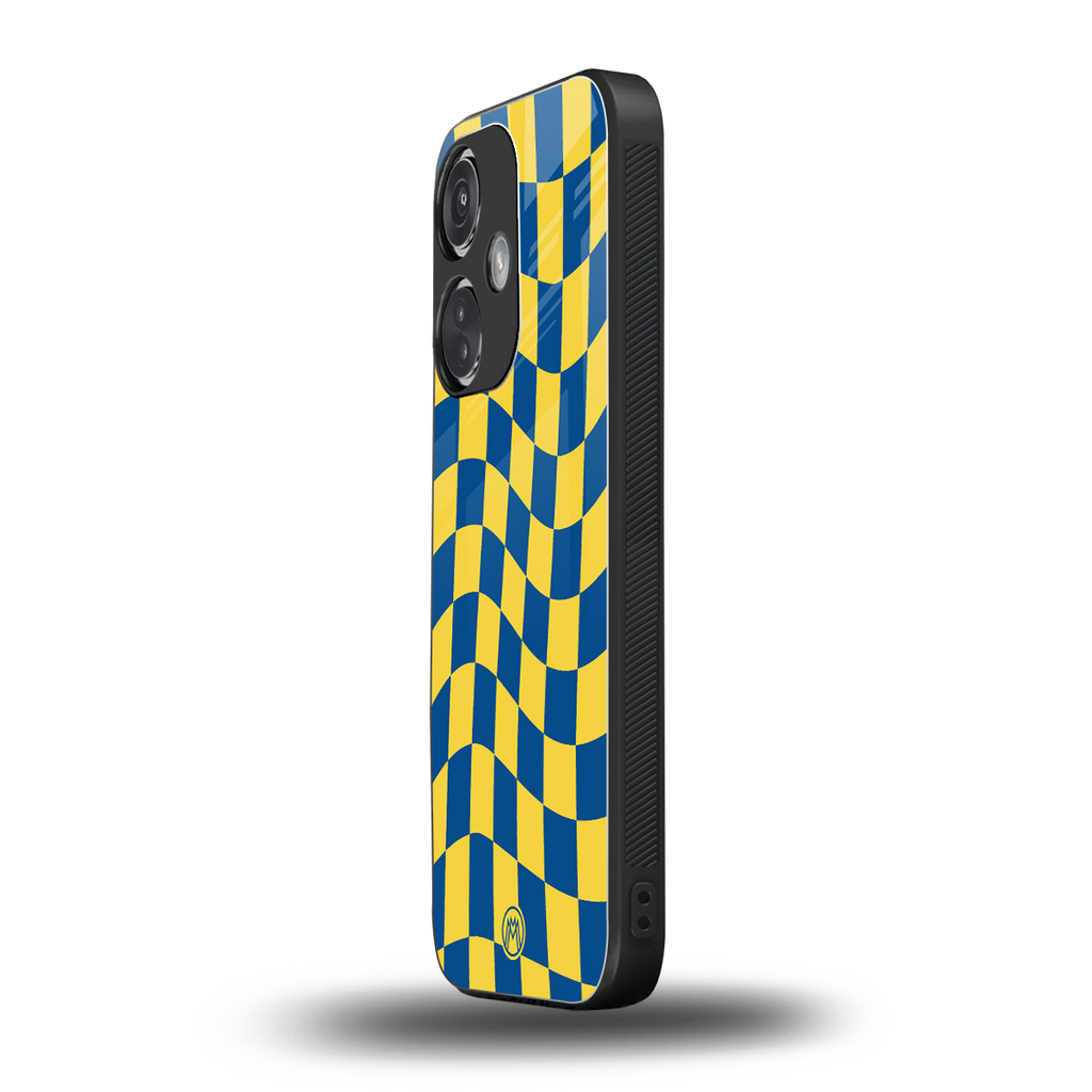 yellow blue trippy check pattern back phone cover | glass case for oneplus nord ce 3