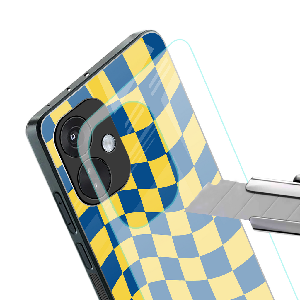 yellow blue trippy check pattern back phone cover | glass case for oneplus nord ce 3
