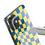 yellow blue trippy check pattern back phone cover | glass case for oneplus nord ce 3