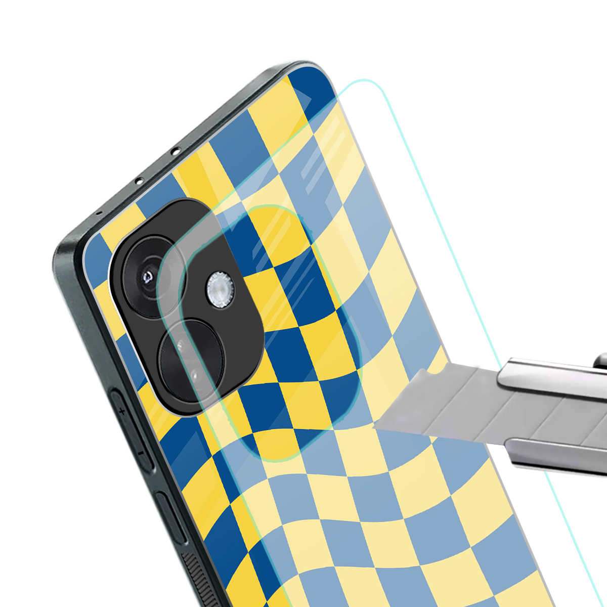 yellow blue trippy check pattern back phone cover | glass case for oneplus nord ce 3
