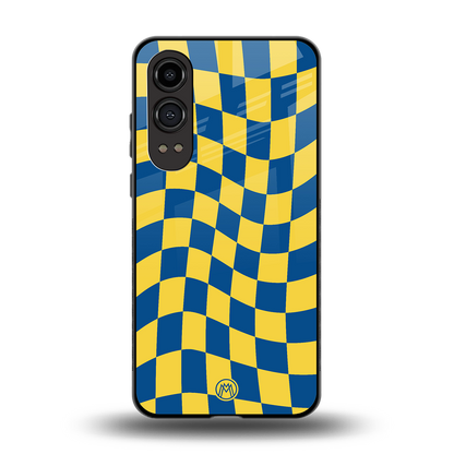 yellow blue trippy check pattern back phone cover | glass case for oneplus nord ce 4 lite