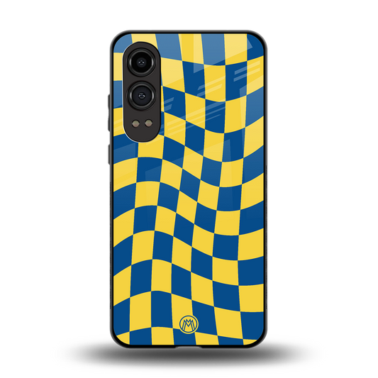 yellow blue trippy check pattern back phone cover | glass case for oneplus nord ce 4 lite