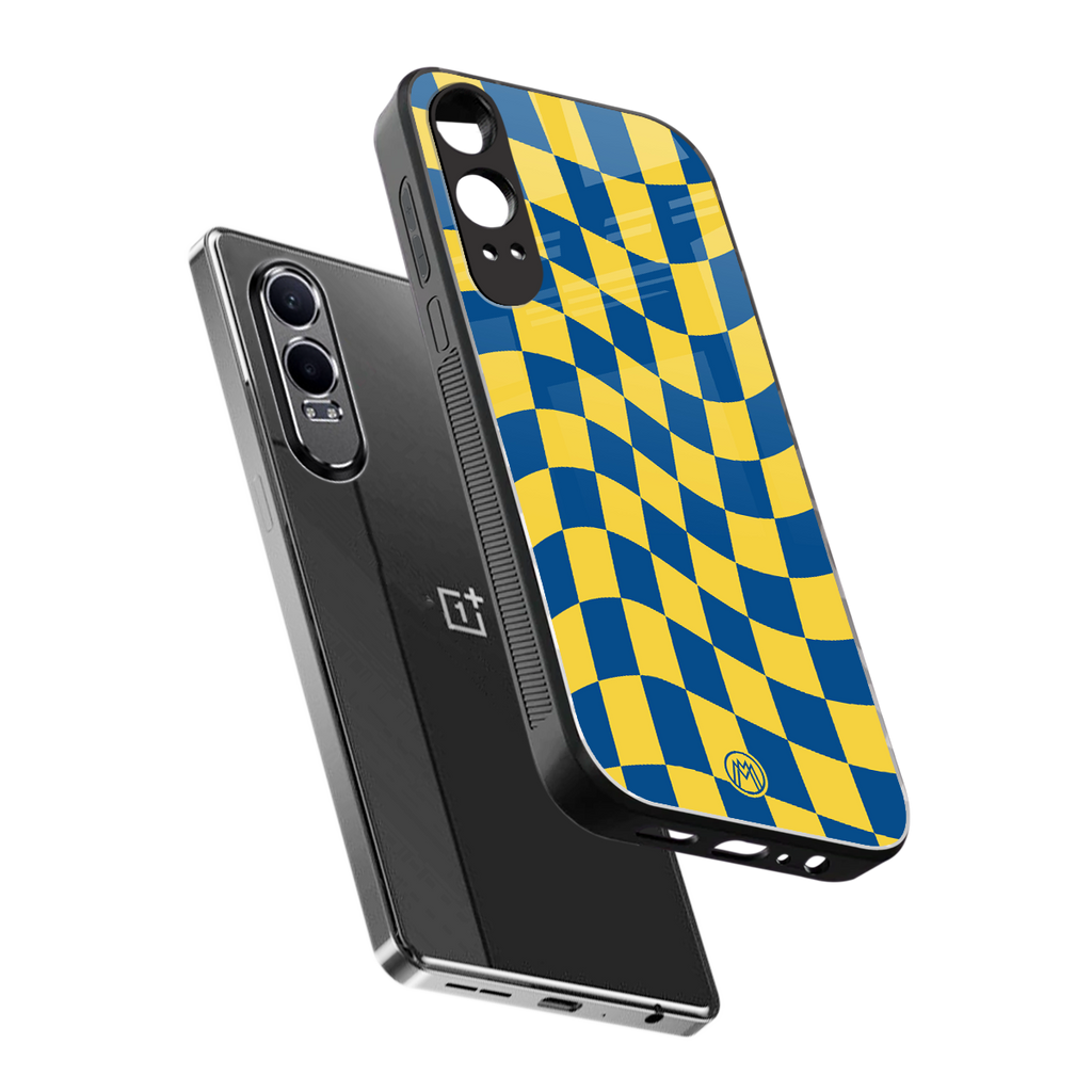 yellow blue trippy check pattern back phone cover | glass case for oneplus nord ce 4 lite