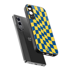 yellow blue trippy check pattern back phone cover | glass case for oneplus nord ce 4 lite