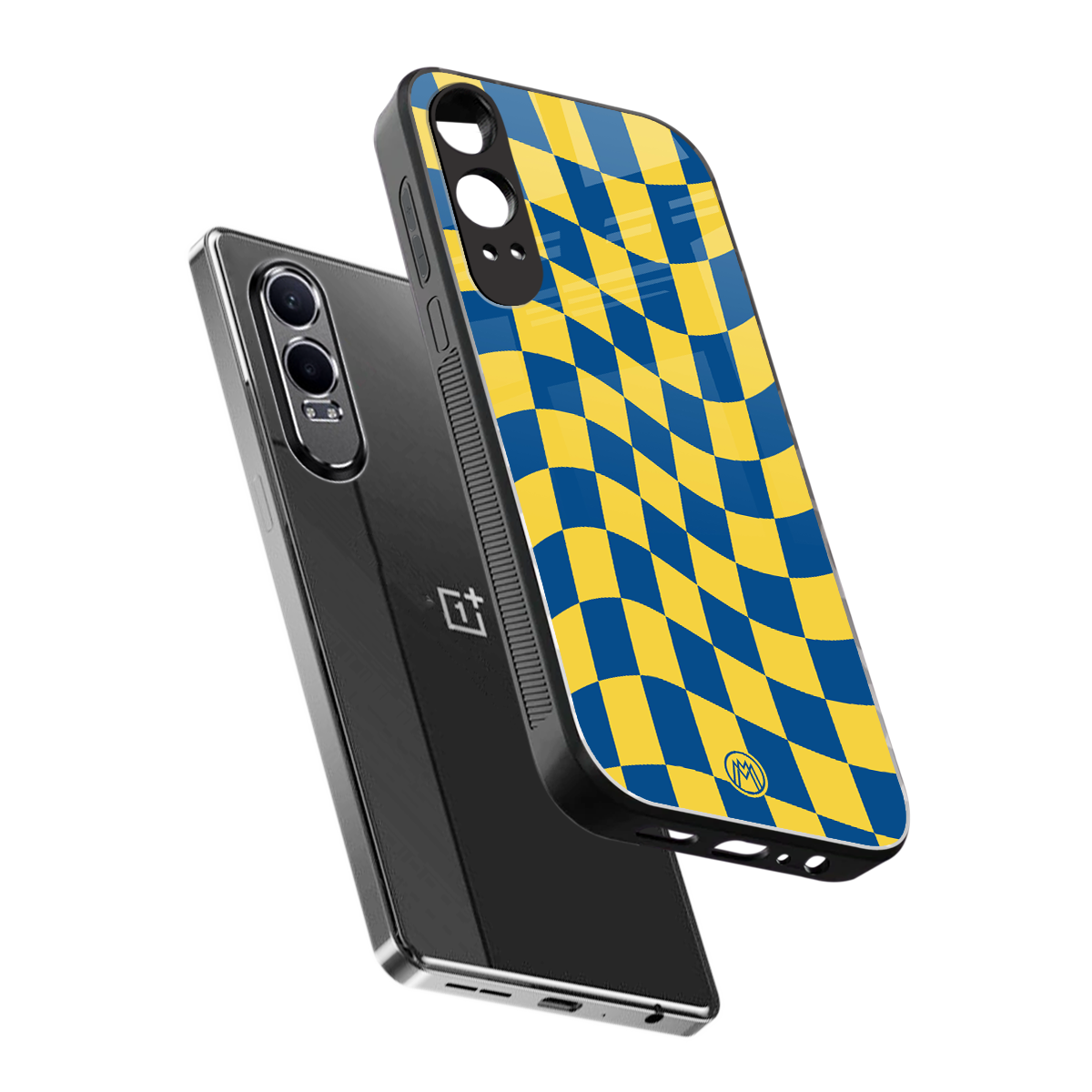 yellow blue trippy check pattern back phone cover | glass case for oneplus nord ce 4 lite