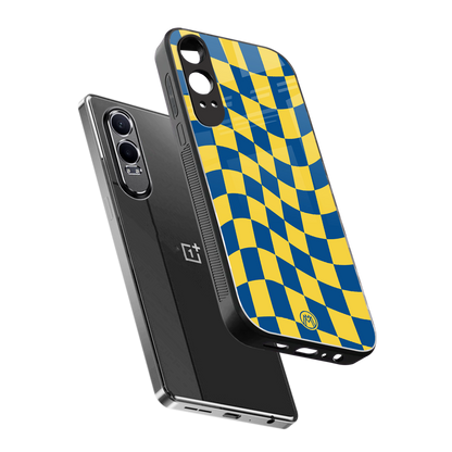 yellow blue trippy check pattern back phone cover | glass case for oneplus nord ce 4 lite