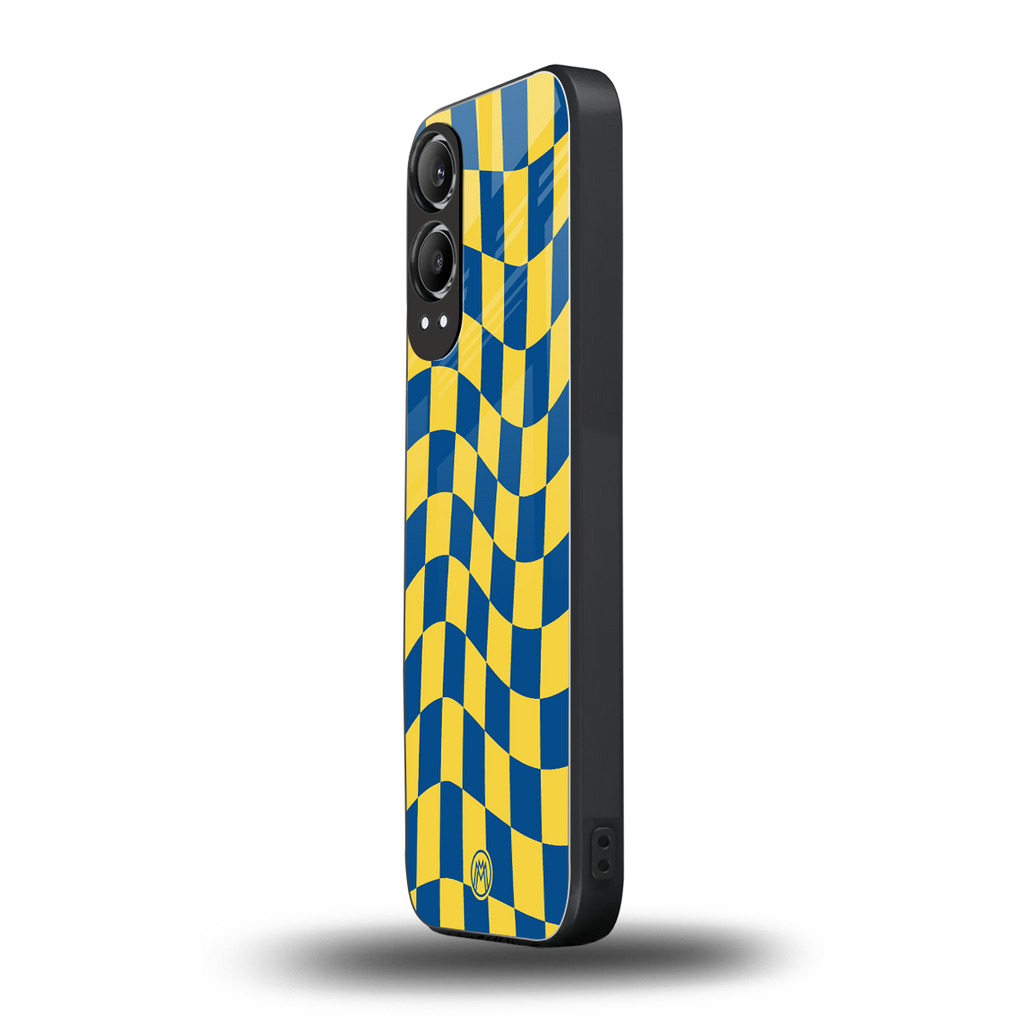yellow blue trippy check pattern back phone cover | glass case for oneplus nord ce 4 lite