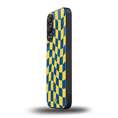 yellow blue trippy check pattern back phone cover | glass case for oneplus nord ce 4 lite