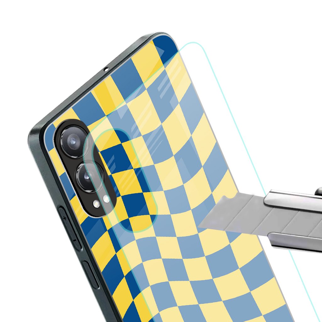 yellow blue trippy check pattern back phone cover | glass case for oneplus nord ce 4 lite
