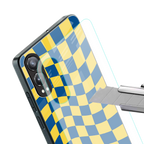 yellow blue trippy check pattern back phone cover | glass case for oneplus nord ce 4 lite
