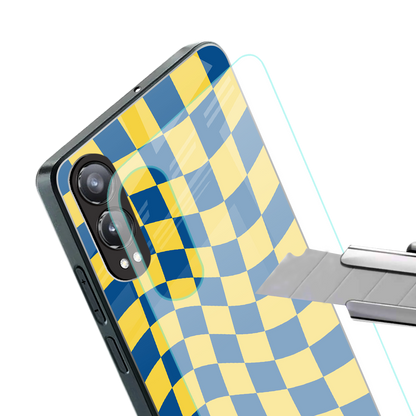 yellow blue trippy check pattern back phone cover | glass case for oneplus nord ce 4 lite