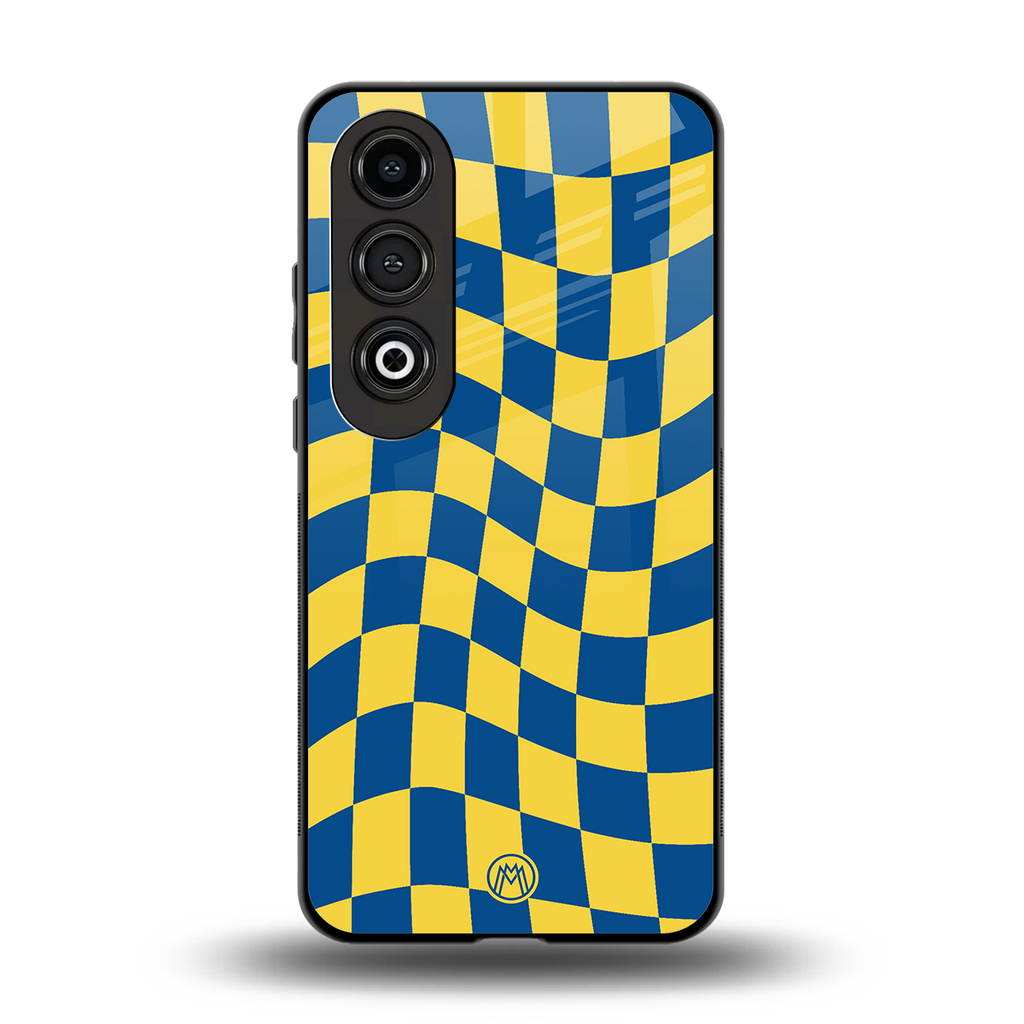yellow blue trippy check pattern back phone cover | glass case for oneplus nord ce 4