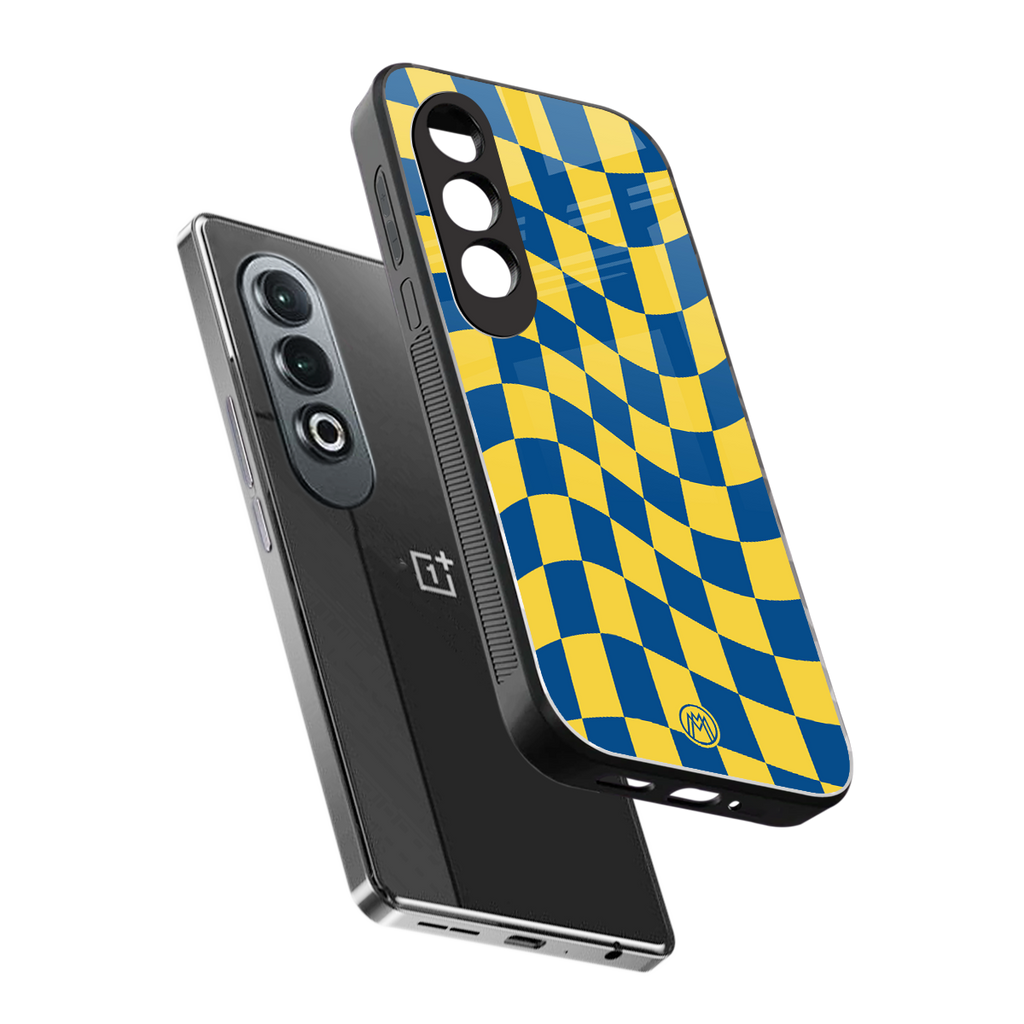 yellow blue trippy check pattern back phone cover | glass case for oneplus nord ce 4