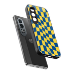 yellow blue trippy check pattern back phone cover | glass case for oneplus nord ce 4