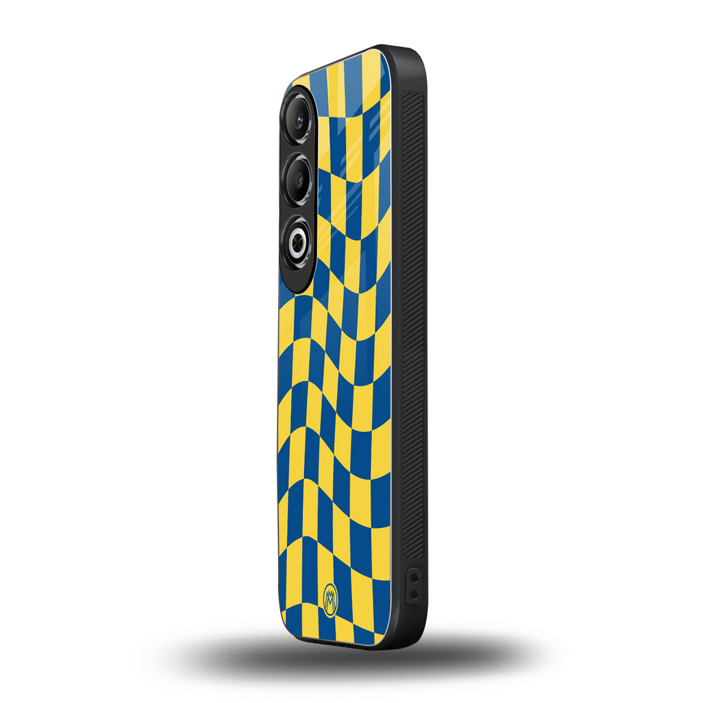 yellow blue trippy check pattern back phone cover | glass case for oneplus nord ce 4