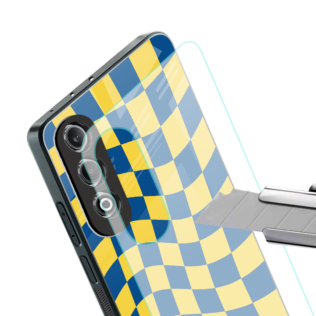 yellow blue trippy check pattern back phone cover | glass case for oneplus nord ce 4