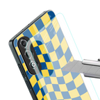 yellow blue trippy check pattern back phone cover | glass case for oneplus nord ce 4
