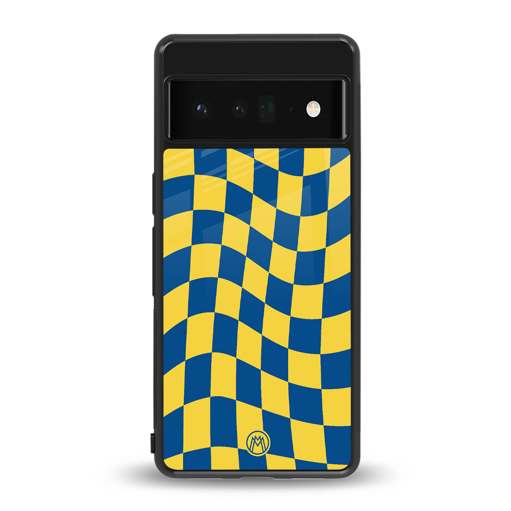 yellow blue trippy check pattern back phone cover | glass case for google pixel 6 pro