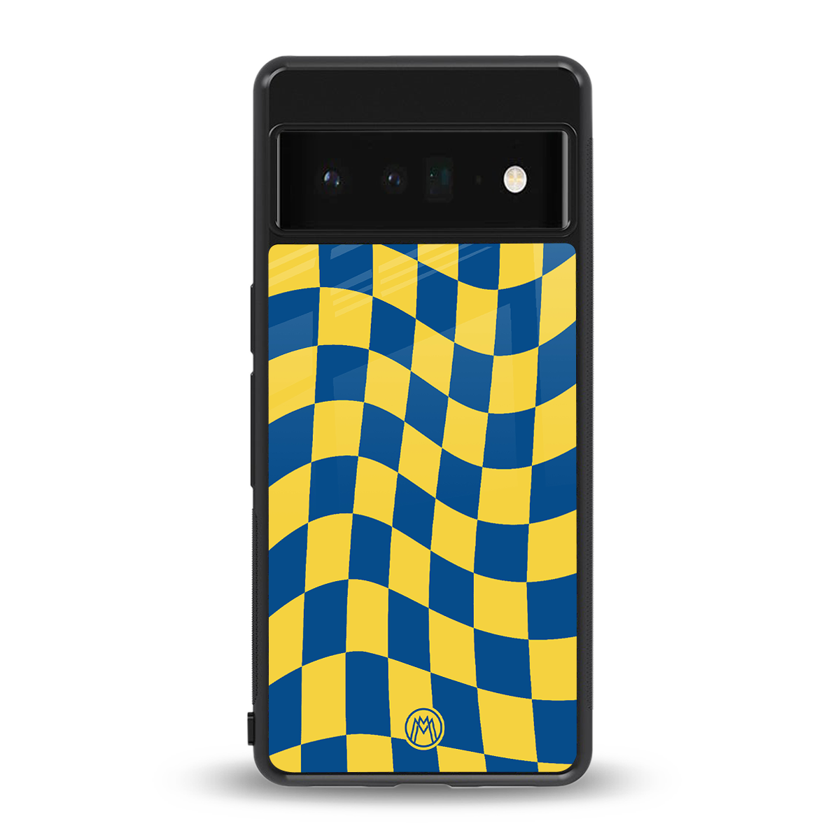 yellow blue trippy check pattern back phone cover | glass case for google pixel 6 pro