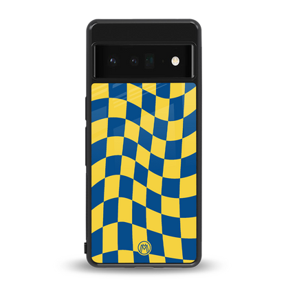 yellow blue trippy check pattern back phone cover | glass case for google pixel 6 pro