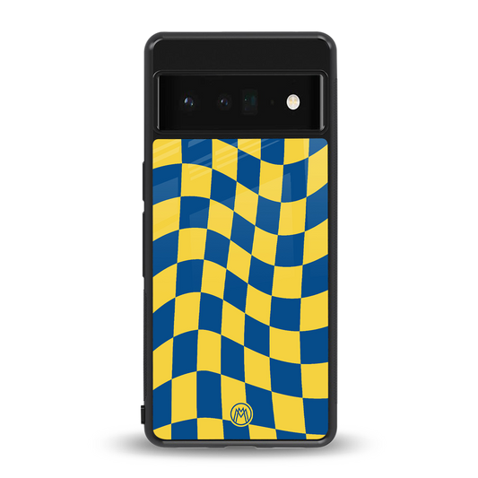 yellow blue trippy check pattern back phone cover | glass case for google pixel 6 pro