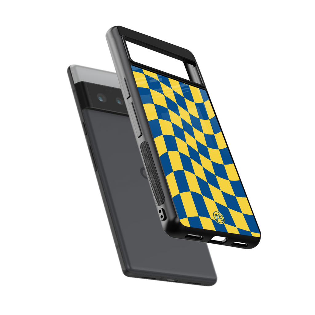 yellow blue trippy check pattern back phone cover | glass case for google pixel 6 pro