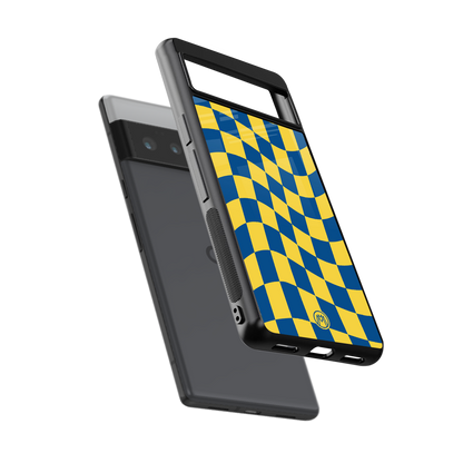 yellow blue trippy check pattern back phone cover | glass case for google pixel 6 pro