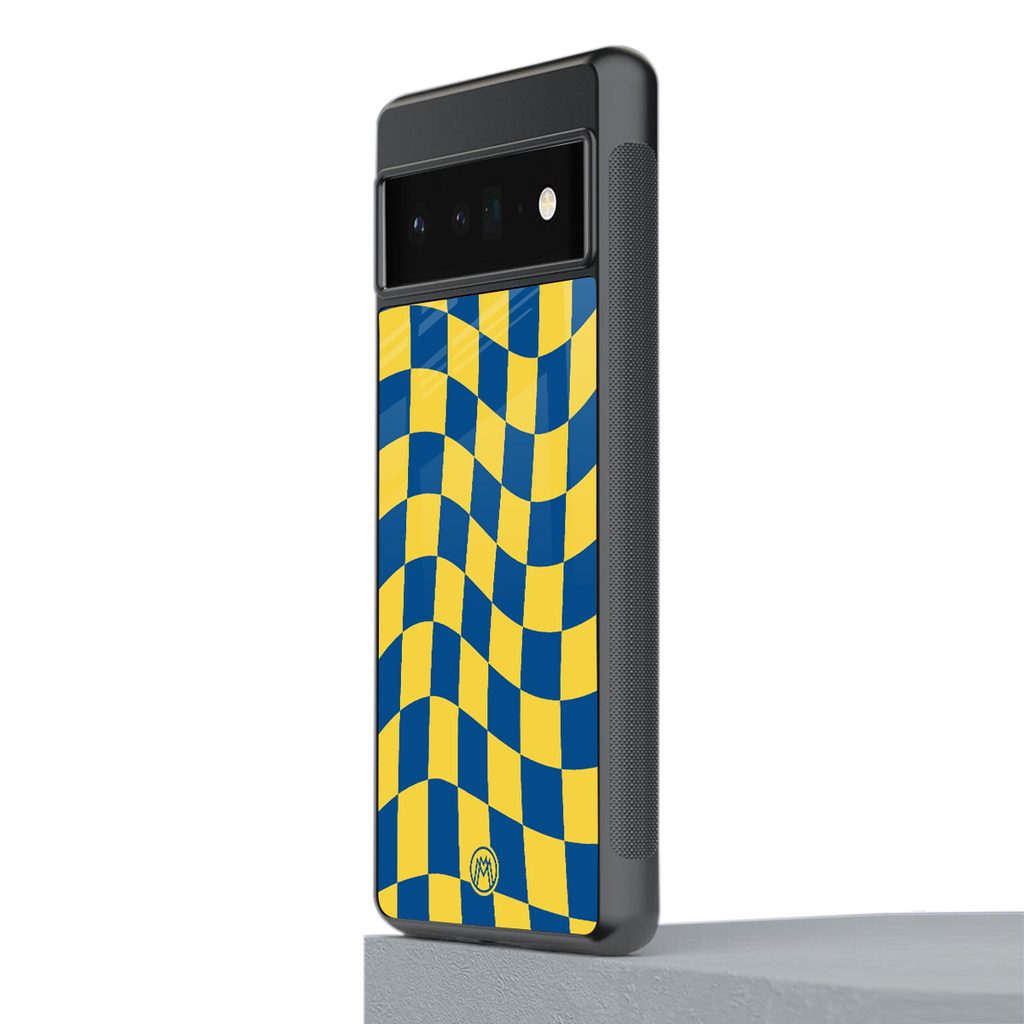 yellow blue trippy check pattern back phone cover | glass case for google pixel 6 pro