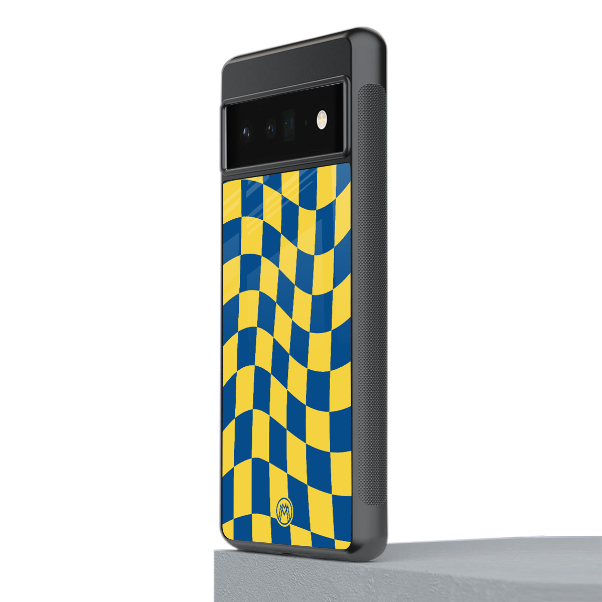 yellow blue trippy check pattern back phone cover | glass case for google pixel 6 pro
