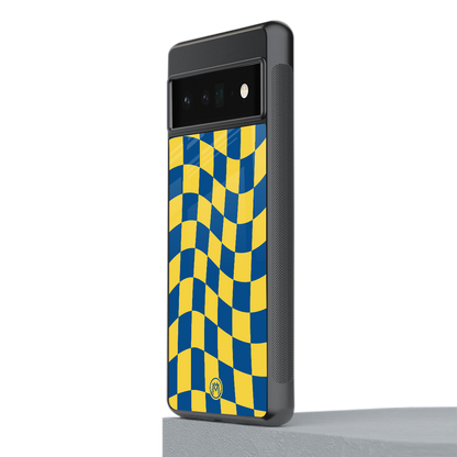yellow blue trippy check pattern back phone cover | glass case for google pixel 6 pro