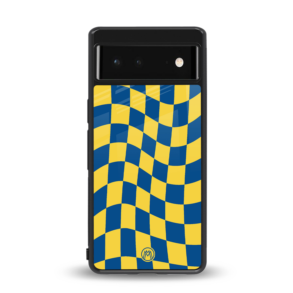yellow blue trippy check pattern back phone cover | glass case for google pixel 6