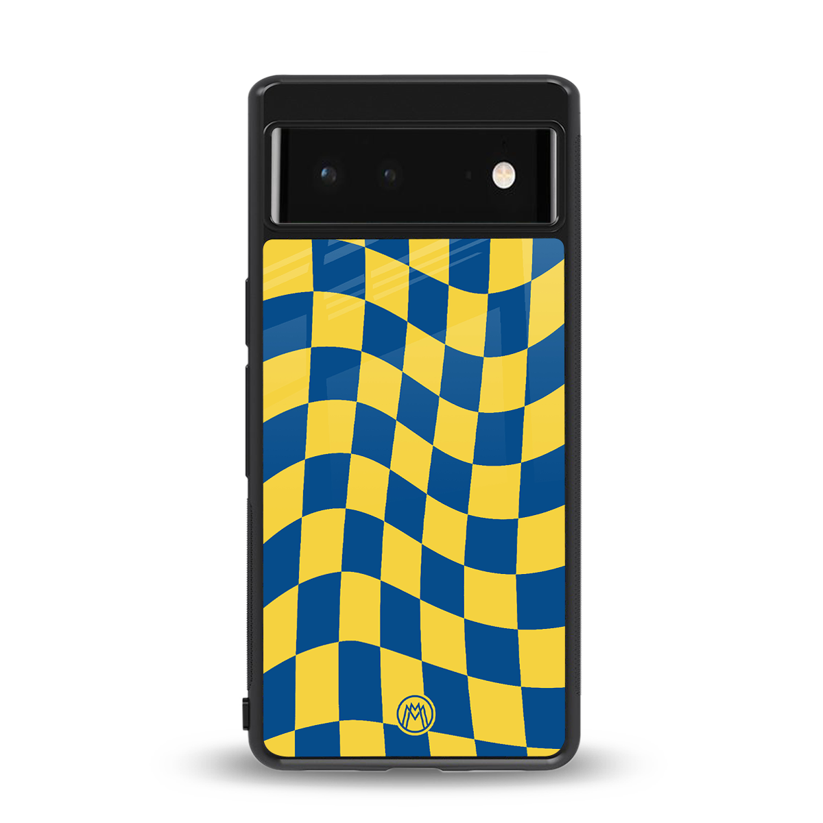 yellow blue trippy check pattern back phone cover | glass case for google pixel 6