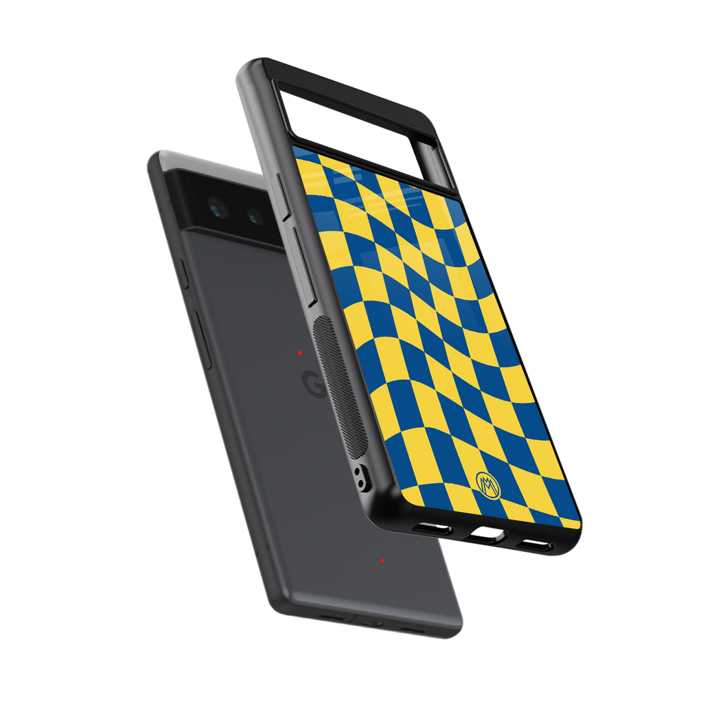 yellow blue trippy check pattern back phone cover | glass case for google pixel 6