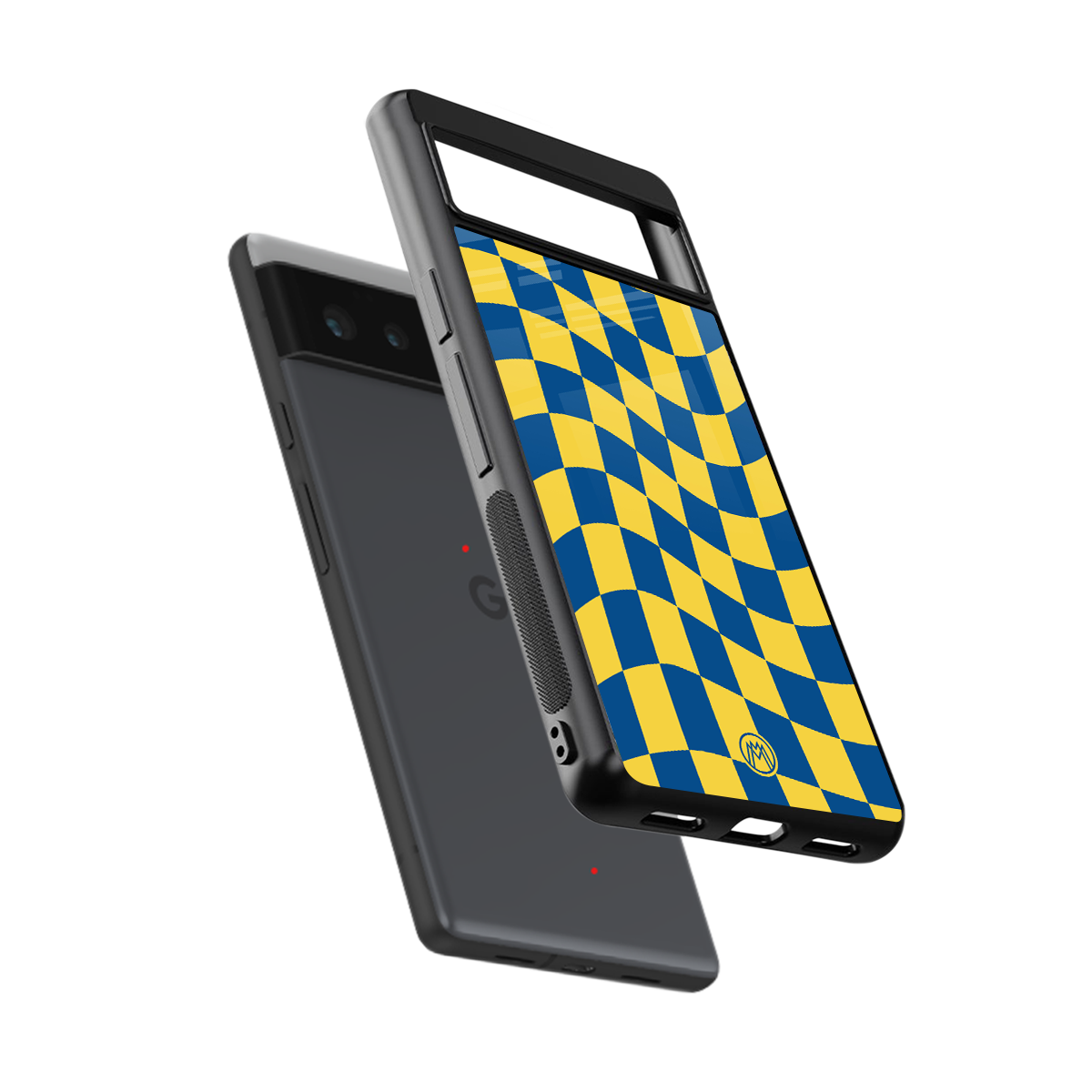 yellow blue trippy check pattern back phone cover | glass case for google pixel 6