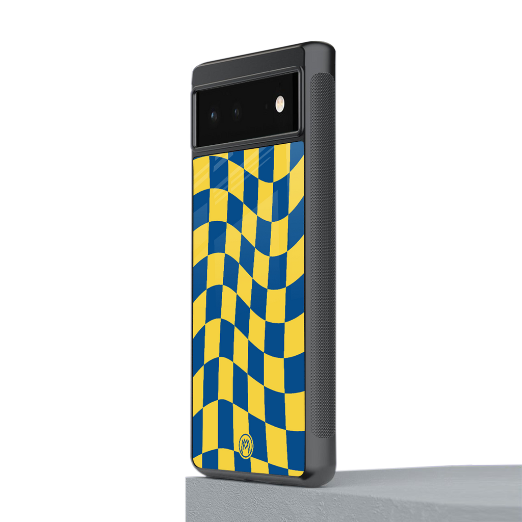 yellow blue trippy check pattern back phone cover | glass case for google pixel 6