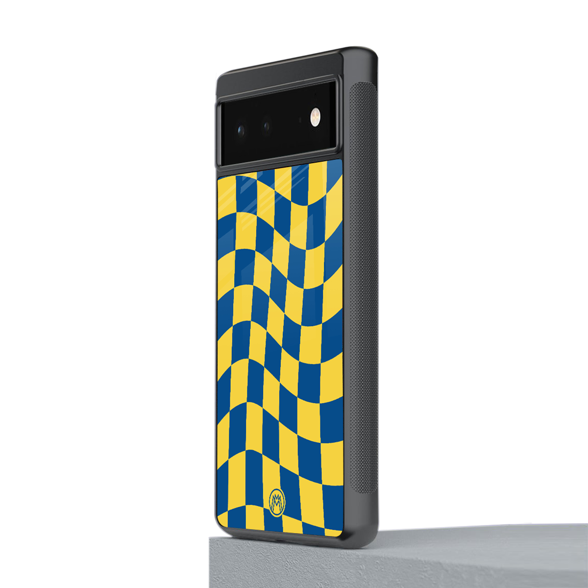 yellow blue trippy check pattern back phone cover | glass case for google pixel 6