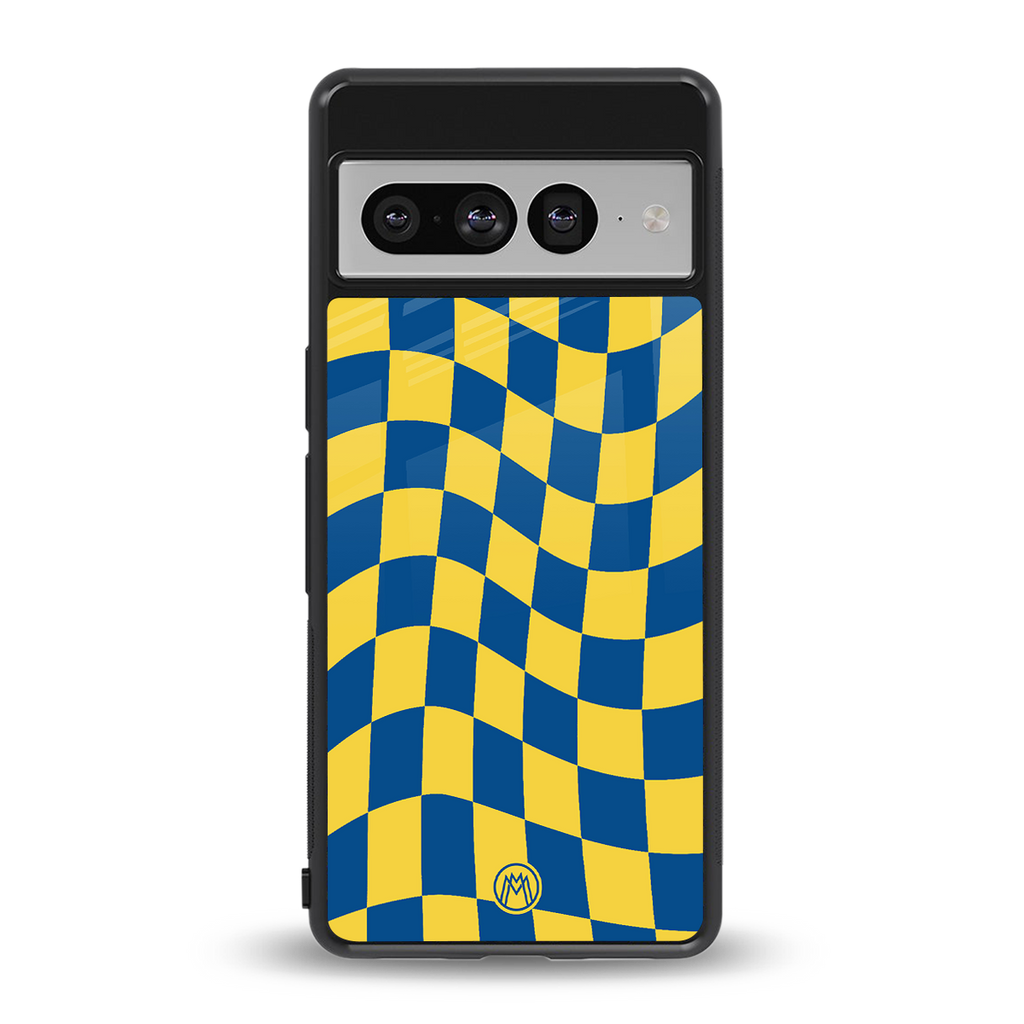 yellow blue trippy check pattern back phone cover | glass case for google pixel 7 pro