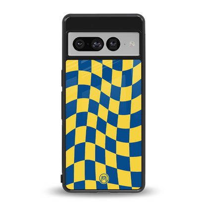 yellow blue trippy check pattern back phone cover | glass case for google pixel 7 pro