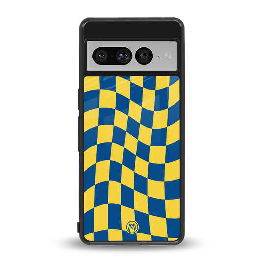 yellow blue trippy check pattern back phone cover | glass case for google pixel 7 pro
