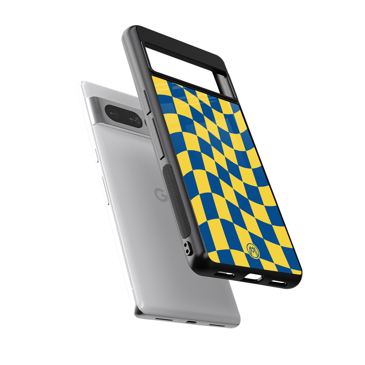 yellow blue trippy check pattern back phone cover | glass case for google pixel 7 pro