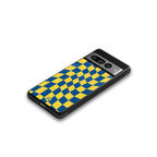yellow blue trippy check pattern back phone cover | glass case for google pixel 7 pro