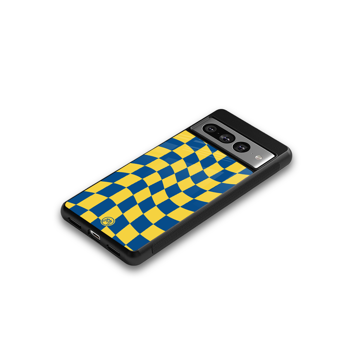 yellow blue trippy check pattern back phone cover | glass case for google pixel 7 pro