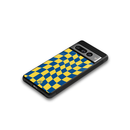 yellow blue trippy check pattern back phone cover | glass case for google pixel 7 pro