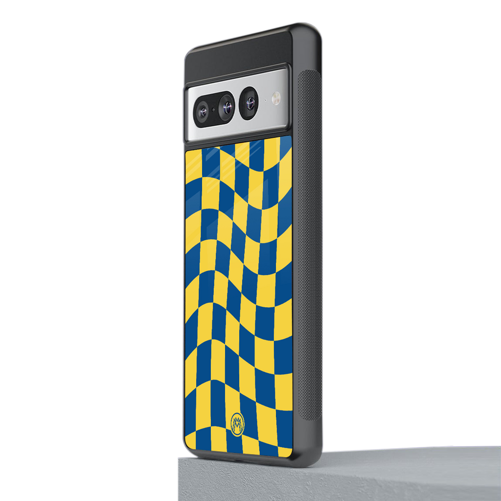 yellow blue trippy check pattern back phone cover | glass case for google pixel 7 pro