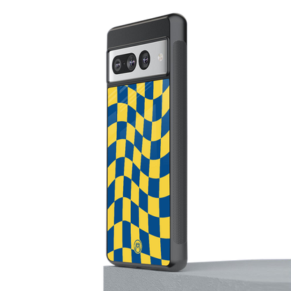 yellow blue trippy check pattern back phone cover | glass case for google pixel 7 pro